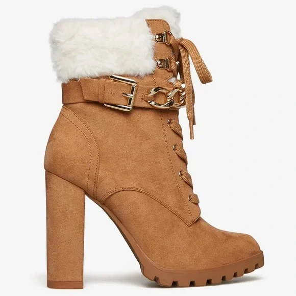 NIB Tan Faux Suede Faux Fur Block Heel Booties - Picture 4 of 5